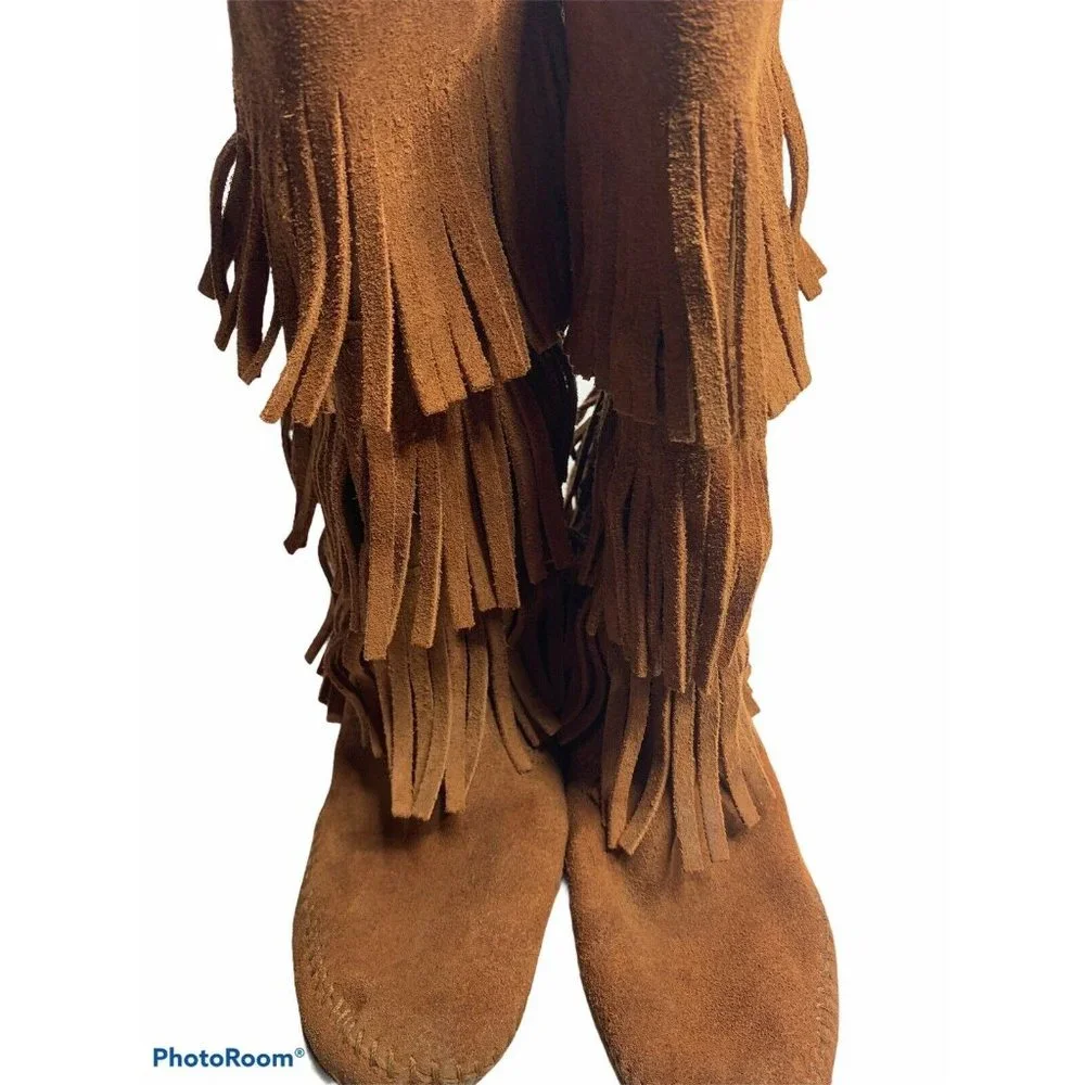Minnetonka Women's 8 Fringe Boots Brown Mid-Calf - Picture 2 of 6